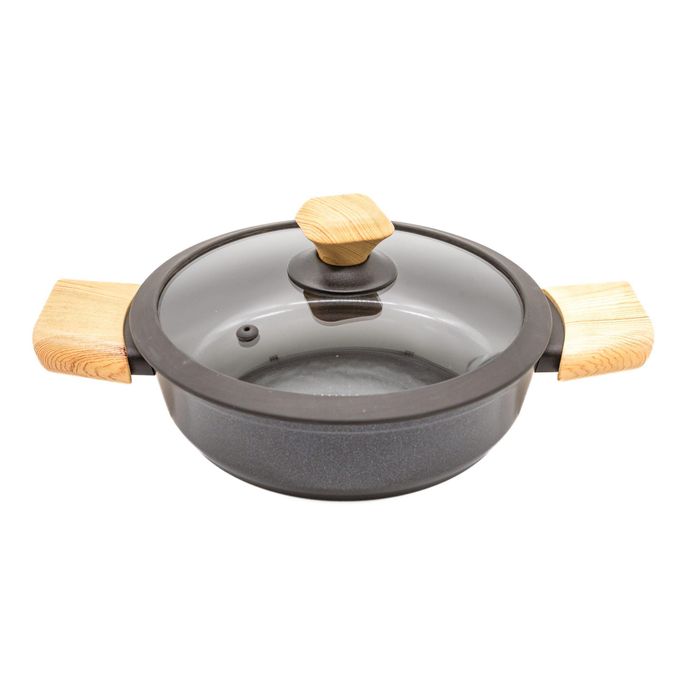FALEZ AURIS CRYSTAL 4 MM 26 CM SHALLOW CASSEROLE (black color, wooden effect accesories, silicone glass lid)