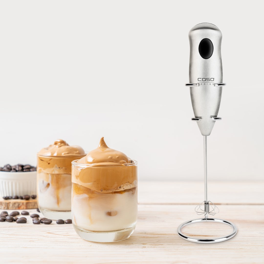 Caso Milk Frother With Stand (Stainless Steel) , easy cleaning , High rotational speed for fast frothing of milk and milkshakes, milk frother with stainless steel spring. Caso Design Product