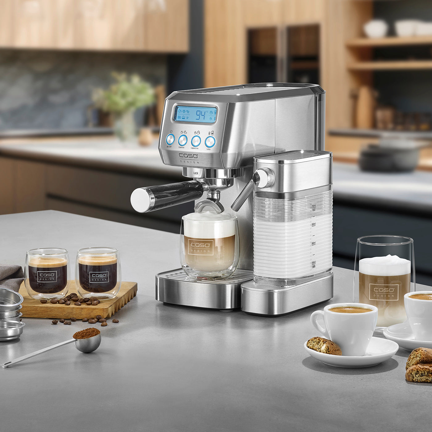 Caso Gourmet Latte Espresso Machine, 20 Bar ULKA Pump, Cup Heat Plate, 1 or 2 Cups, With practical cleaning and descaling function, Removable, transparent water tank (1.3 l) and milk container (700 ml)