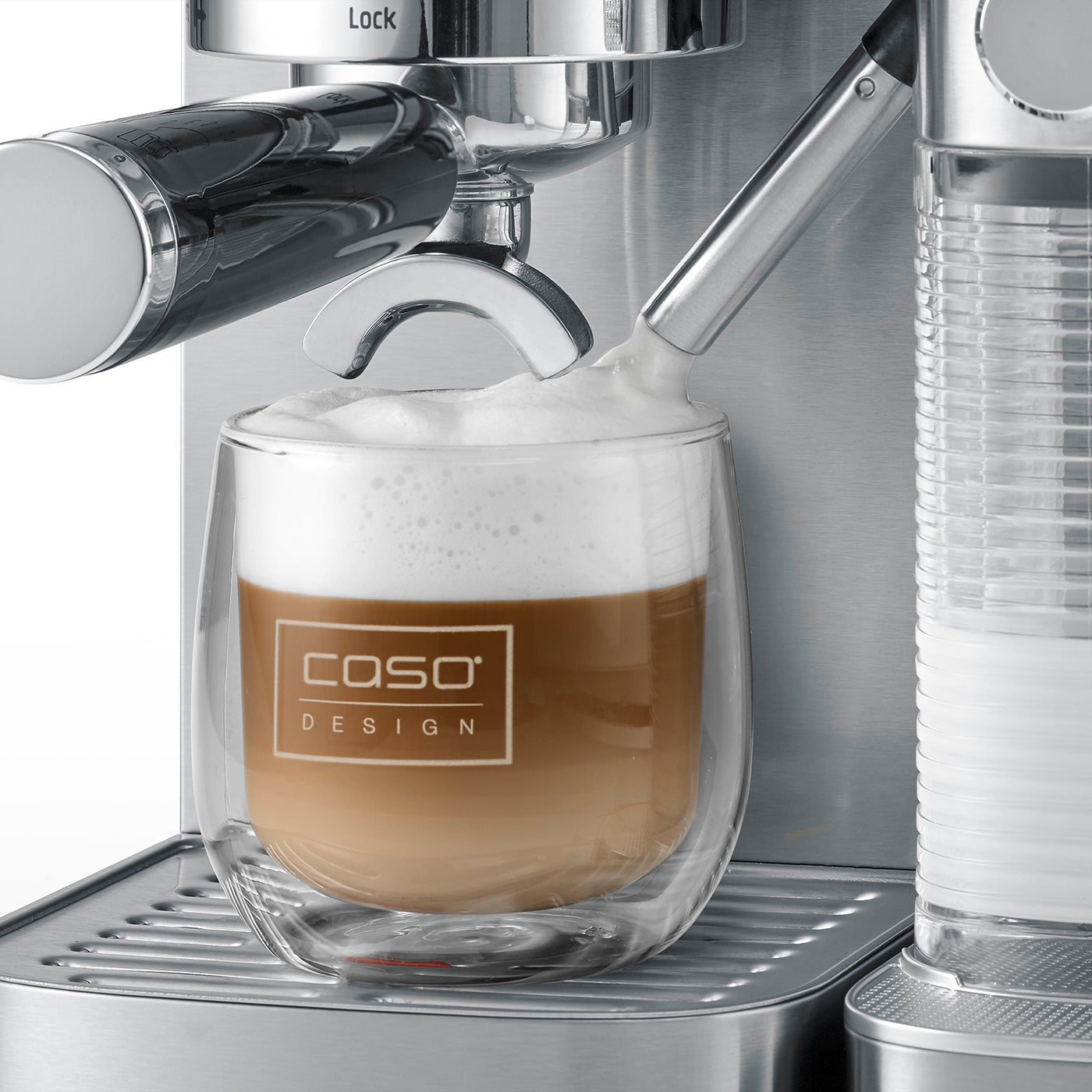 Caso Gourmet Latte Espresso Machine, 20 Bar ULKA Pump, Cup Heat Plate, 1 or 2 Cups, With practical cleaning and descaling function, Removable, transparent water tank (1.3 l) and milk container (700 ml)