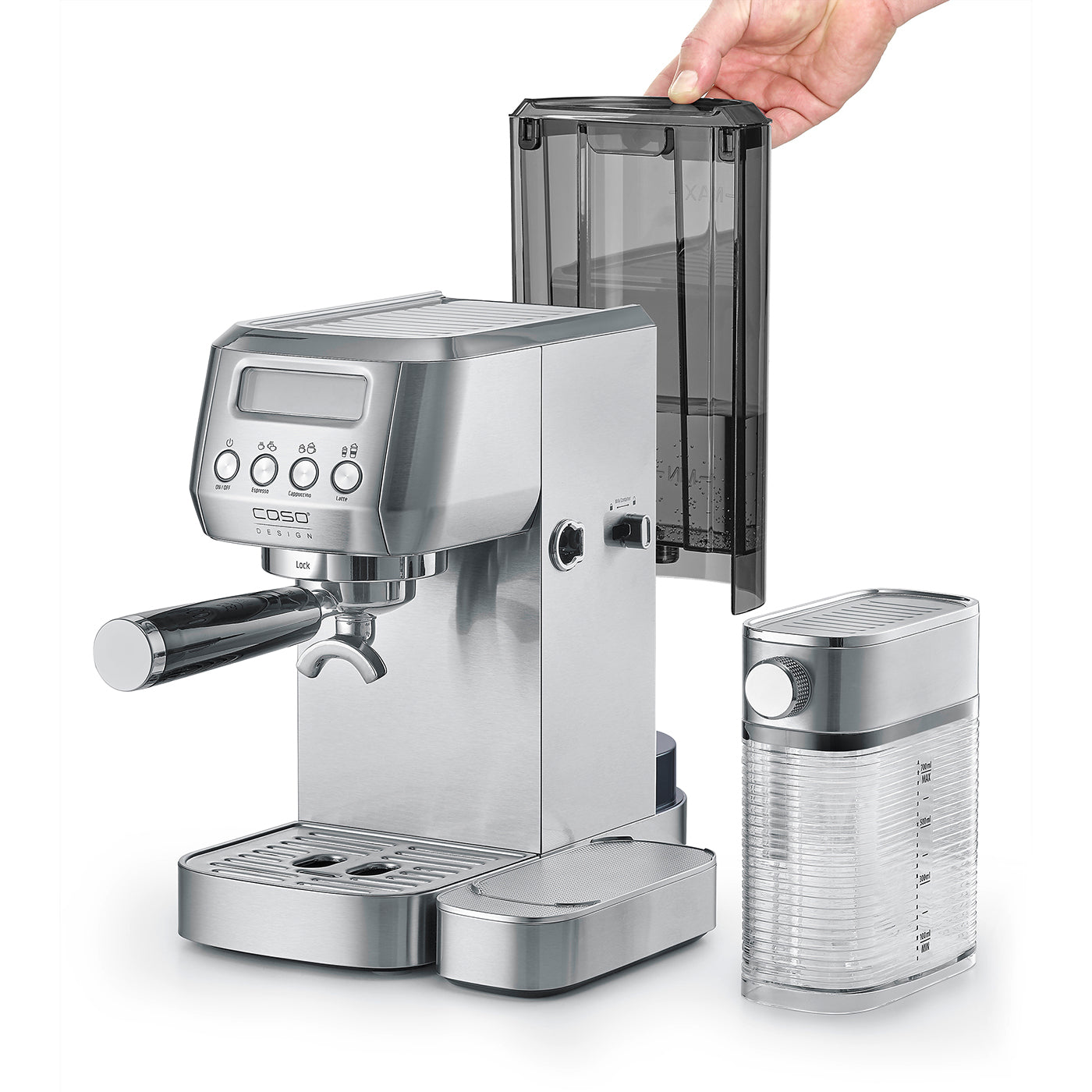 Caso Gourmet Latte Espresso Machine, 20 Bar ULKA Pump, Cup Heat Plate, 1 or 2 Cups, With practical cleaning and descaling function, Removable, transparent water tank (1.3 l) and milk container (700 ml)