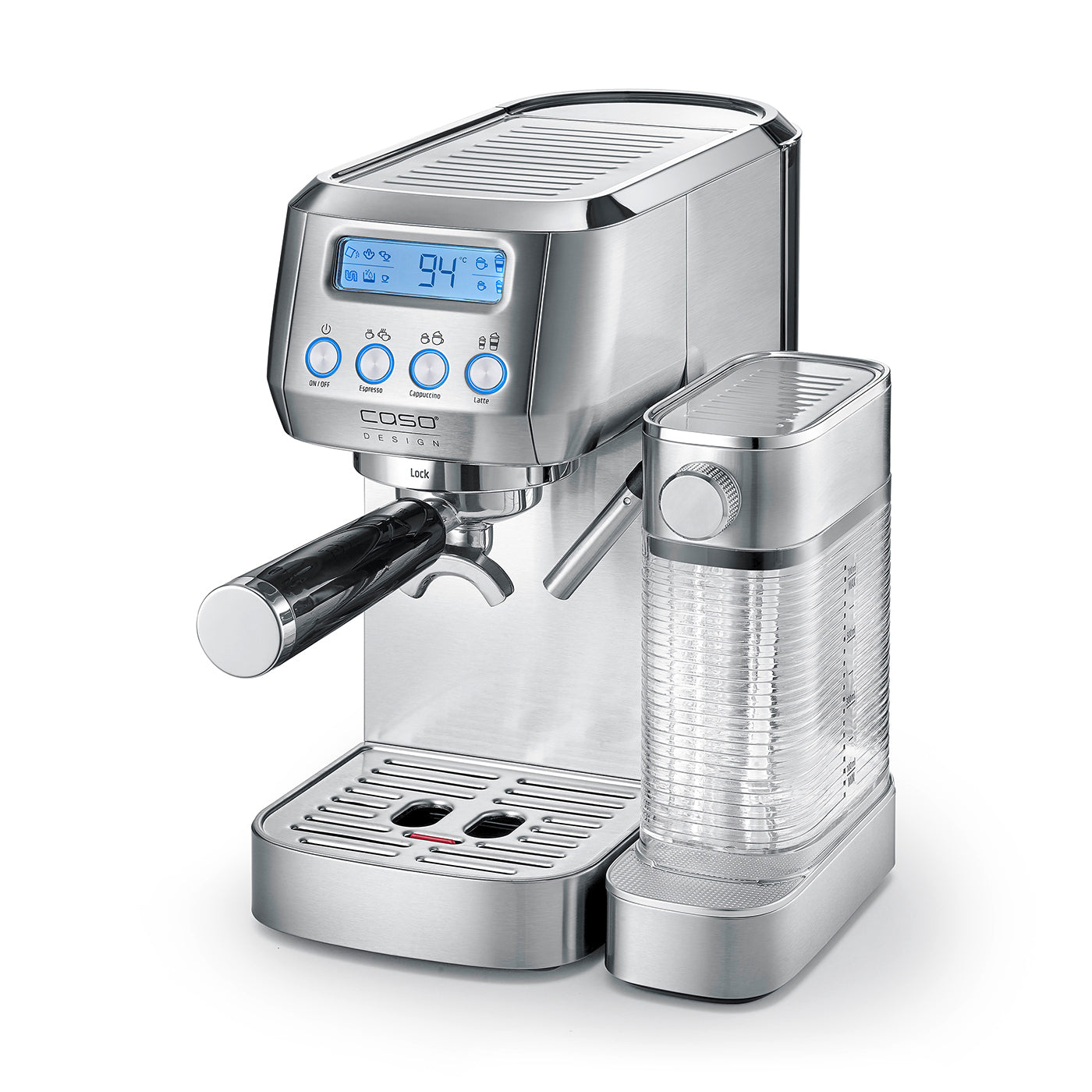 Caso Gourmet Latte Espresso Machine, 20 Bar ULKA Pump, Cup Heat Plate, 1 or 2 Cups, With practical cleaning and descaling function, Removable, transparent water tank (1.3 l) and milk container (700 ml)