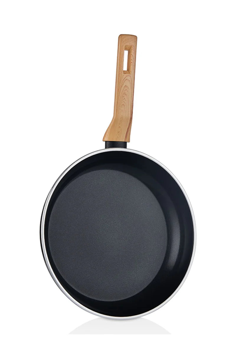 Falez Auris Crystal Frying Pan, 4 Mm 30 Cm (Black Color, Wooden Effect Accesories, Silicone Glass Lid)