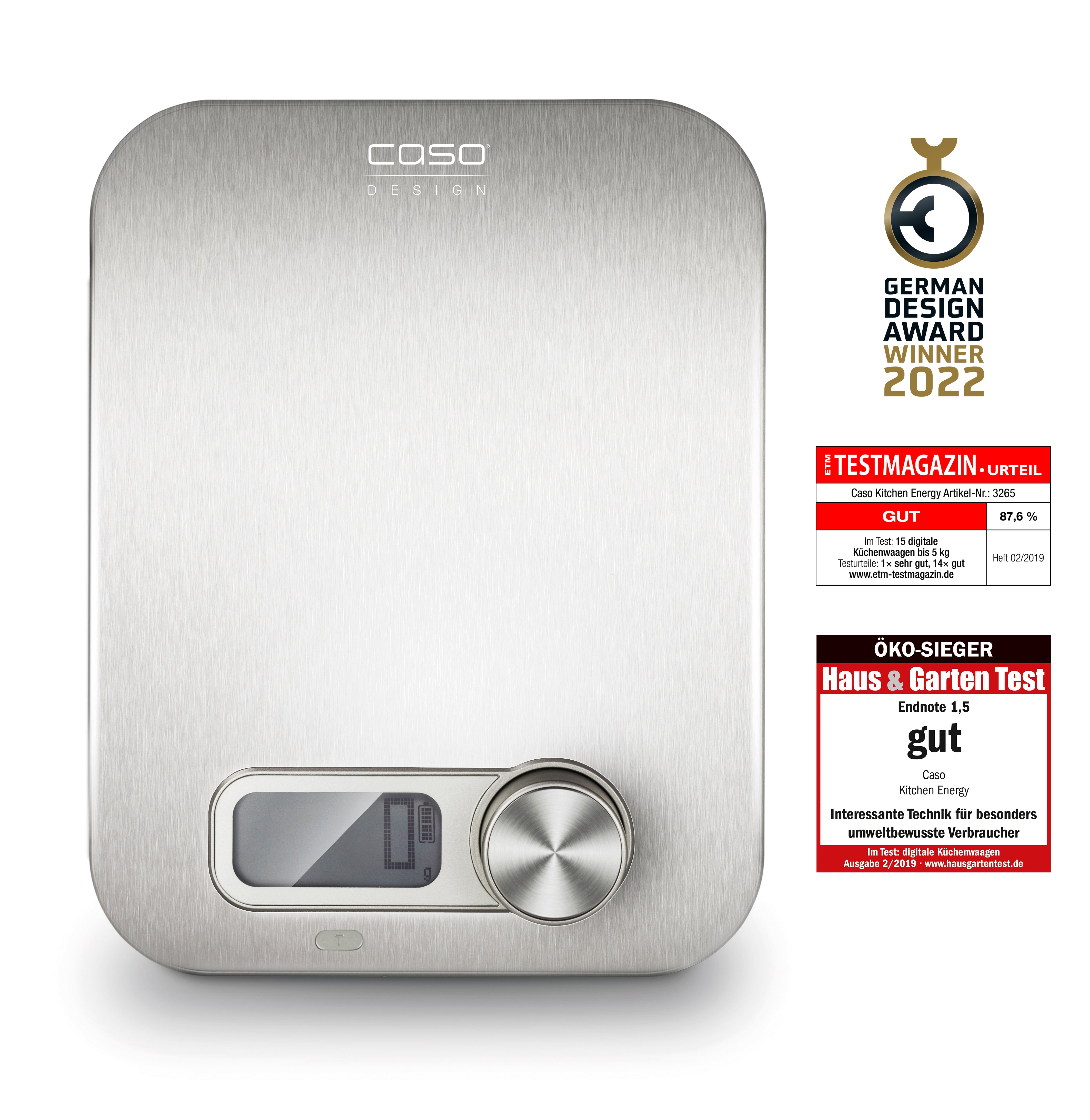 Caso Manual Energy Kitchen Scale, Brushed Stainless Steel, Digital Display. Caso Design Product