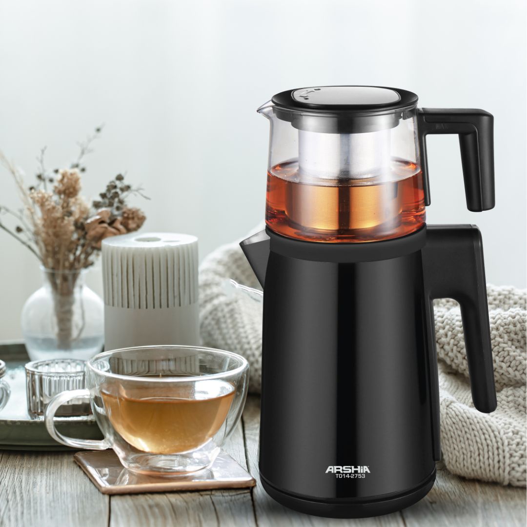 Arshia Stainless Steel Tea Maker with glass teapot - Black