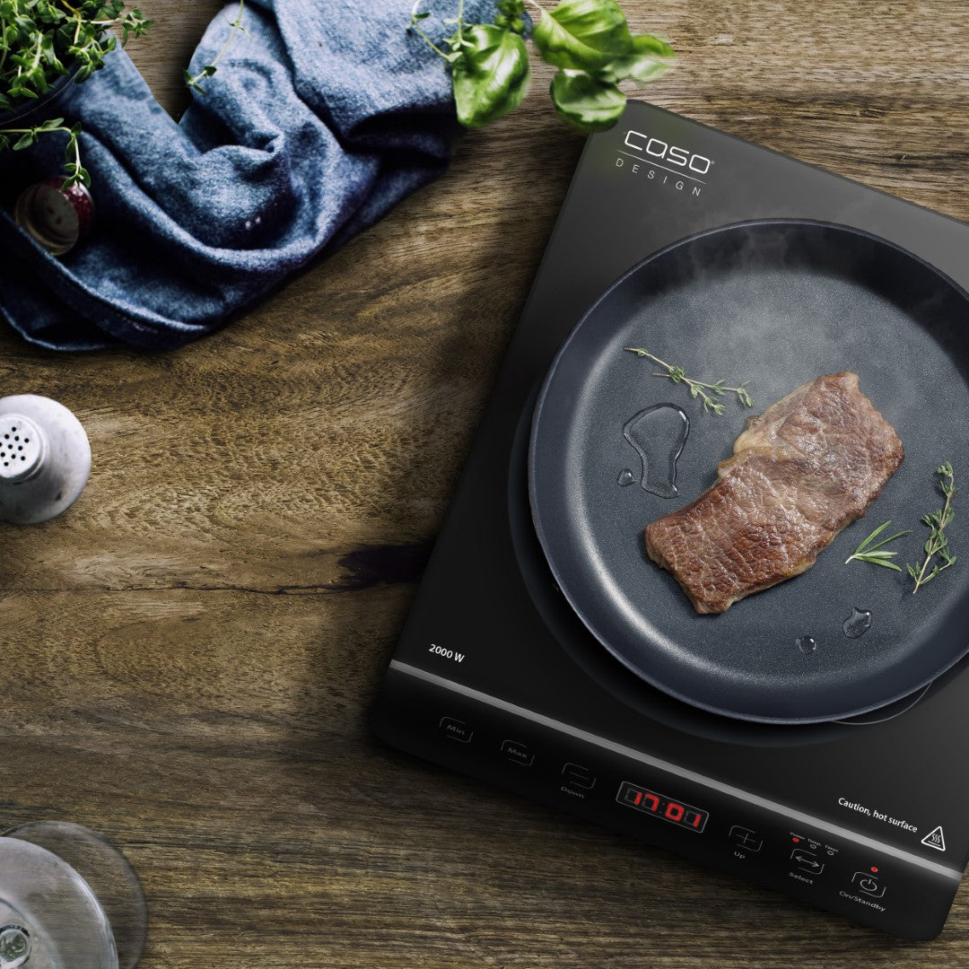 Caso Touch Mobile Single Induction Hob, 2000W, 10 power levels, 10 Temperature levels, Glass ceramic surface , Safe thanks to automatic pot detection, Fast and energy saving. Caso Design Product