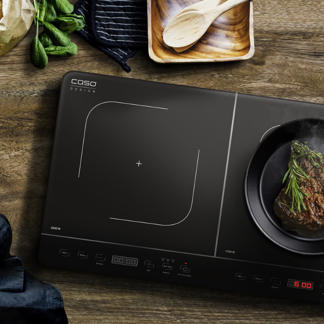 Caso Touch Mobile Double Induction Hob, 3500W, Safe thanks to automatic pot detection, Glass ceramic surface, 6 power levels, Fast and energy-saving , easy cleaning. Caso Design Product