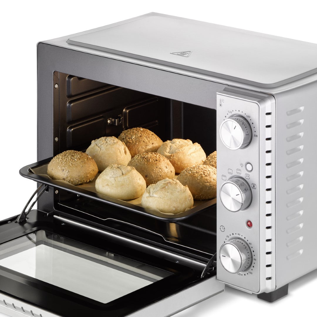 Caso Classic Oven, 32 Liter , 5 functions: Top and bottom heat, bottom heat, top heat, convection, and grill and revolving spit, 4 levels of insertions, Stainless Steel. Caso Design Product