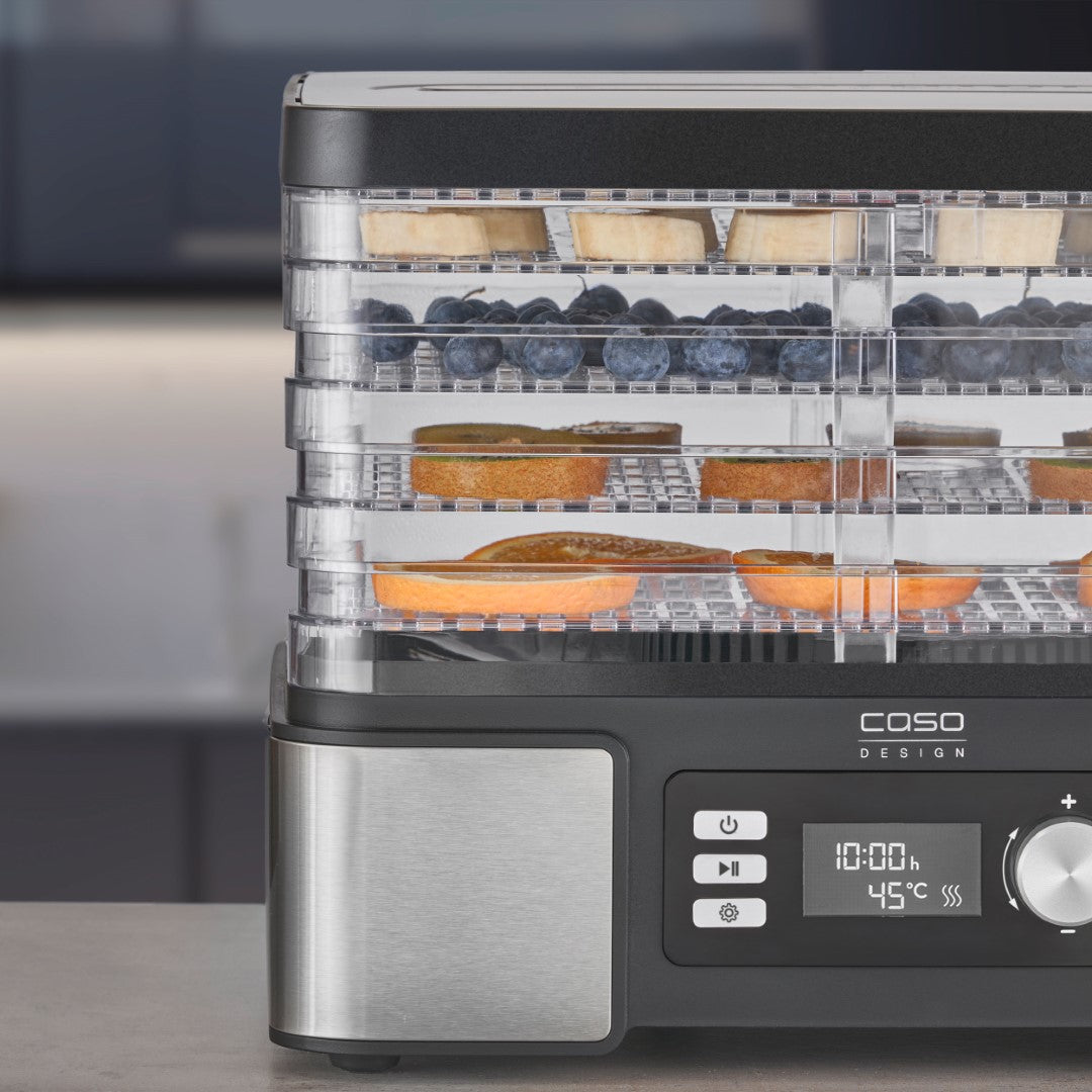 Caso Food Dehydrator , Temperature adjustable from 30 °C to 70 °C (in 5 °C increments), For drying and preserving of fruit, vegetables, herbs, mushrooms, meat, nuts, grains, seeds. Caso Design Product