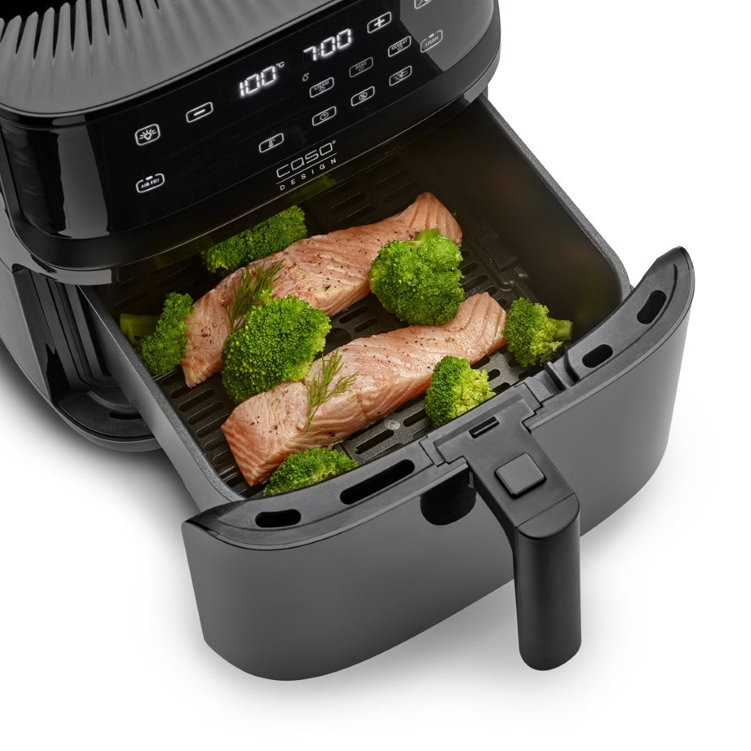Caso Air Fryer Xlarge With Window & Steamer, 1700W, 7 Liter Capacity, Touch Control, Removable Frying Basket, Dishwasher Safe, 12 Automatic Programs , Black . Caso Design Product