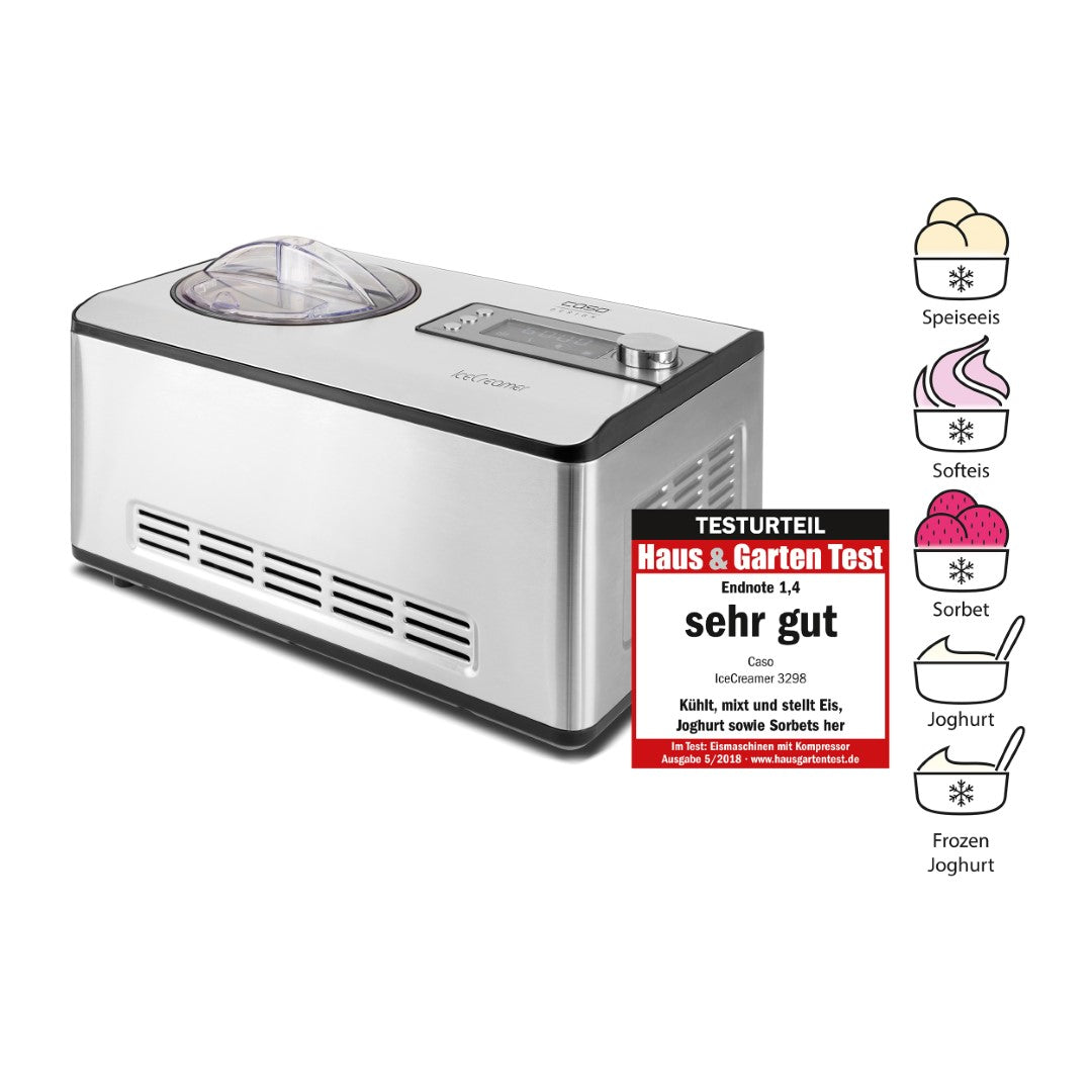Caso Ice Cream And Yogurt Maker With Compressor Technology, no pre-refrigeration required, 4 Programs, Produces up to 2 liters of ice cream, sorbet or yougurt. Caso Design Product