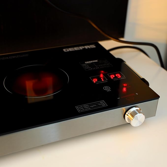 Geepas Double Burner Infrared Cooker, Led Display,9 Temperature Settings