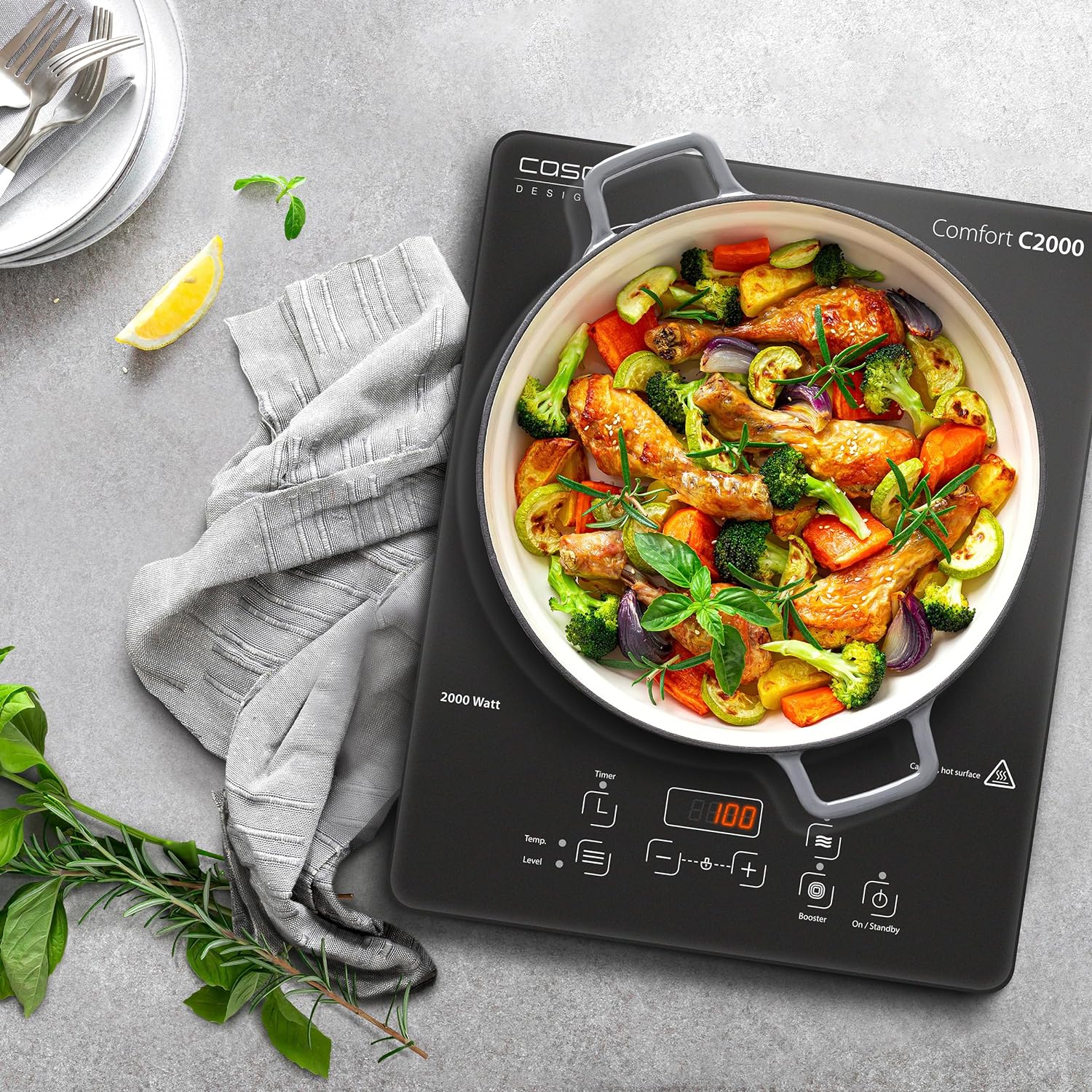 Caso Touch Mobile Single Induction Hob, 2000W, 10 power levels, 10 Temperature levels, Glass ceramic surface , Safe thanks to automatic pot detection, Fast and energy saving. Caso Design Product