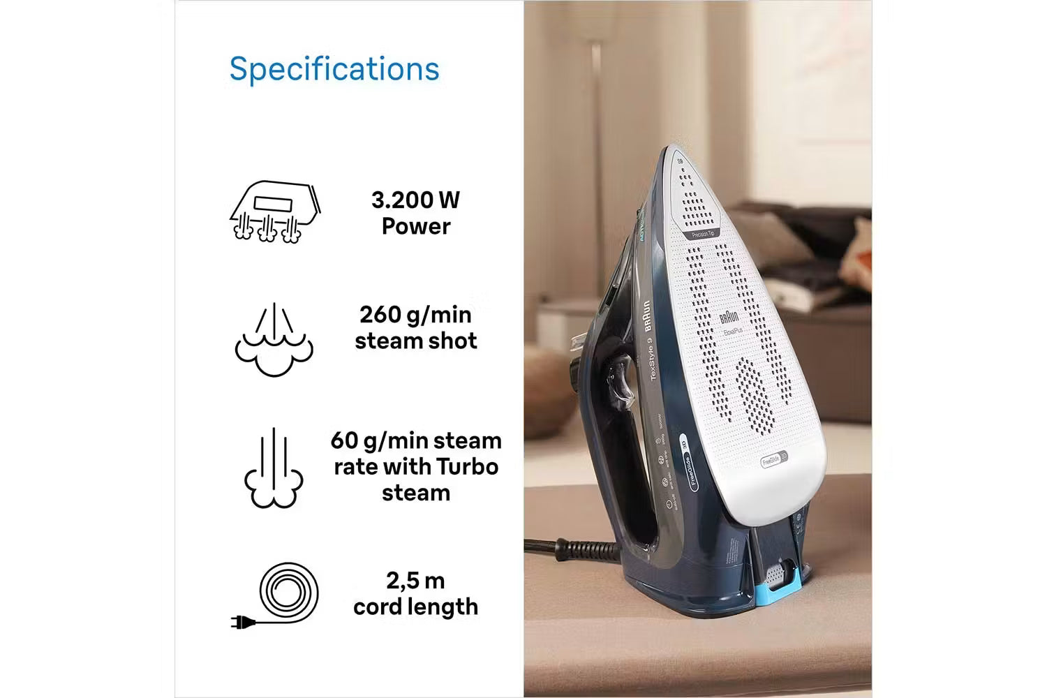 Braun TexStyle 9 SI9682DB | FreeGlide 3D Steam Iron | 3200W | Blue