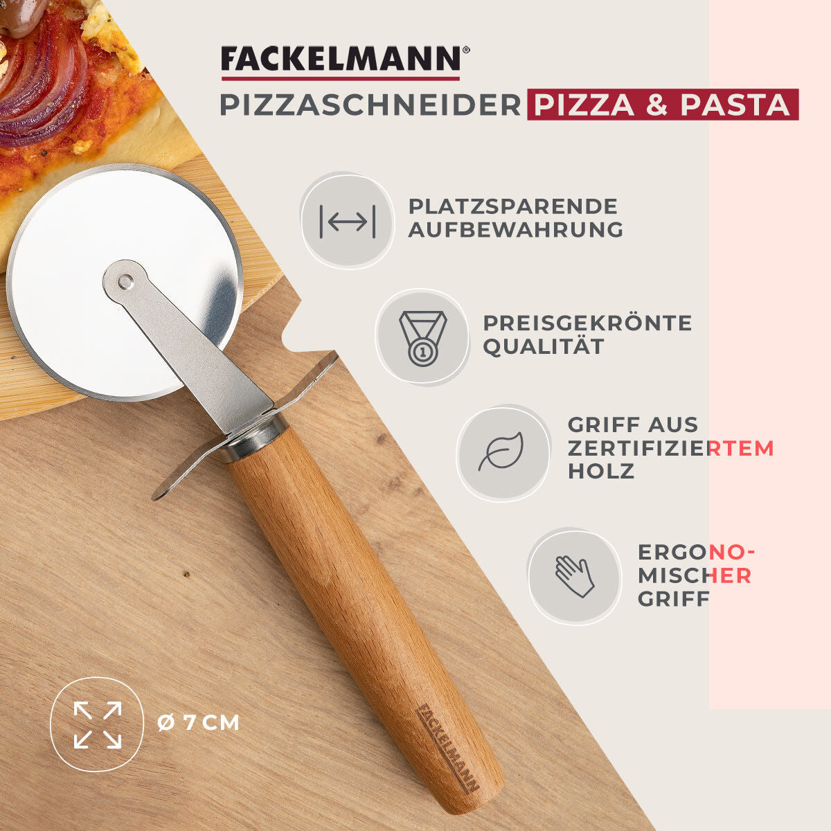Fackelmann Pizza Cutter, S.S & Beech, 21 cm