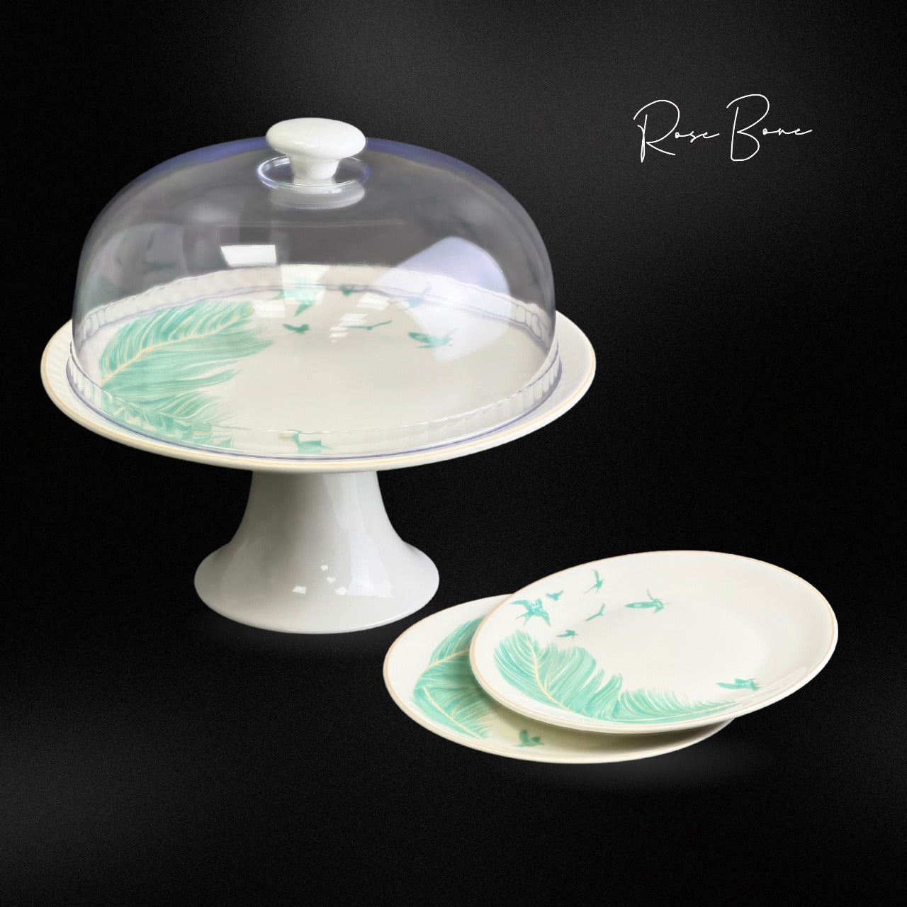 Rose Bone Cake With Plates Set/6 Green
