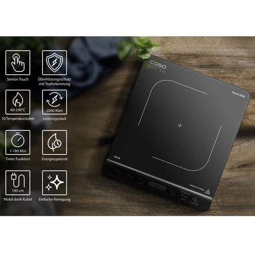Caso Touch Mobile Single Induction Hob, 2000W, 10 power levels, 10 Temperature levels, Glass ceramic surface , Safe thanks to automatic pot detection, Fast and energy saving. Caso Design Product