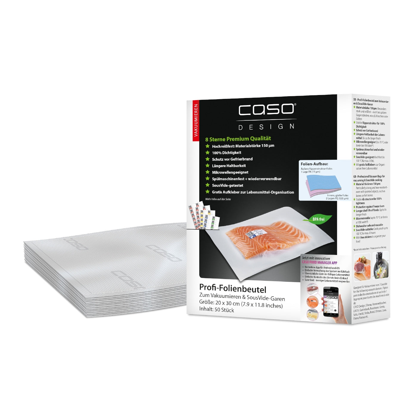 Caso Vacuum Polybags, 16x23 cm, 50 Pieces, BPA-Free, very strong & tear-proof approx, reusable, suitable for vacuum sealers