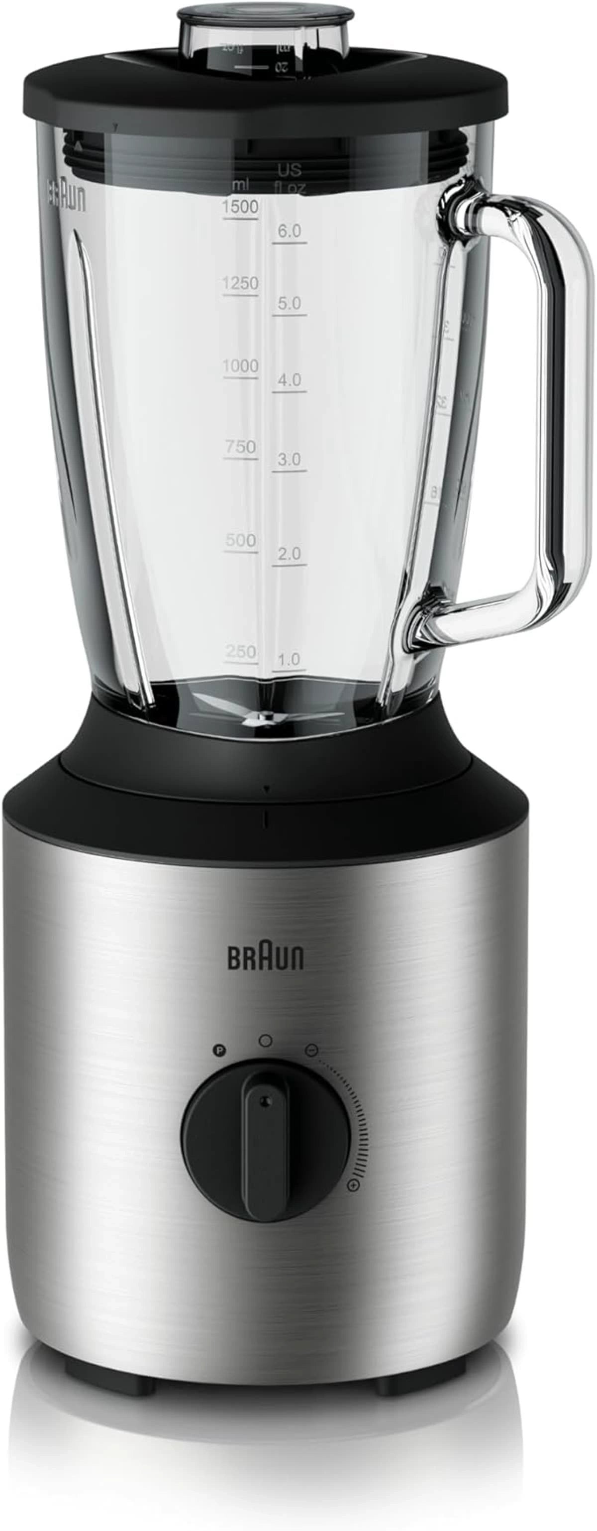 Braun Blender 800 W Variable Speed Dial + Pulse, 1.5 L, Glass, With 2 Smoothie To Go Cups, Silver