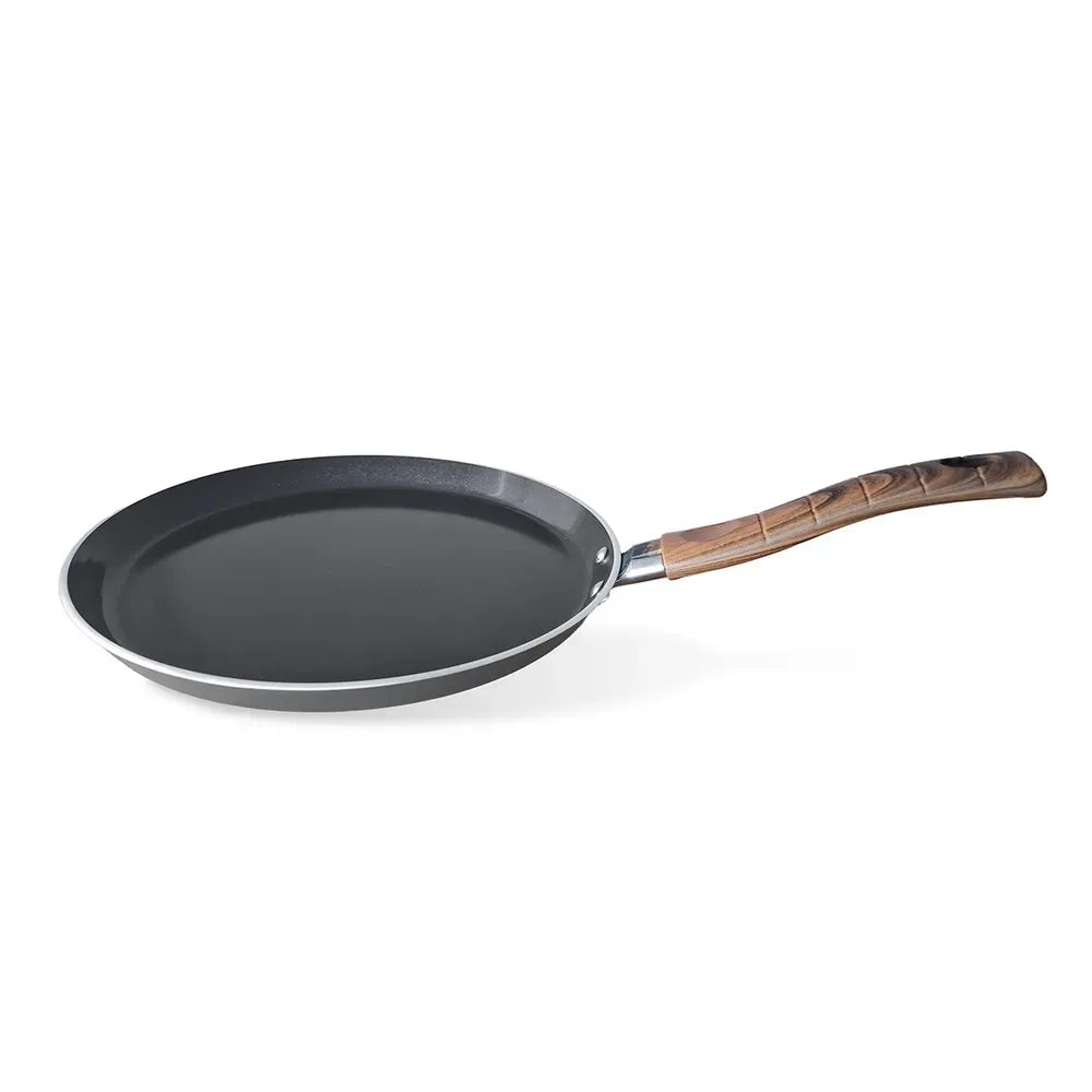 Falez Auris Crystal Frying Crepe Pan, 4 Mm 24 Cm (Black Color, Wooden Effect Accesories, Silicone Glass Lid)