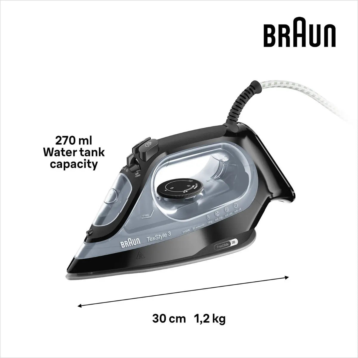 Braun Iron Super Ceramic With Free Glide 3d Technology, 2400 W, 270 Ml Water Capacity, Black,