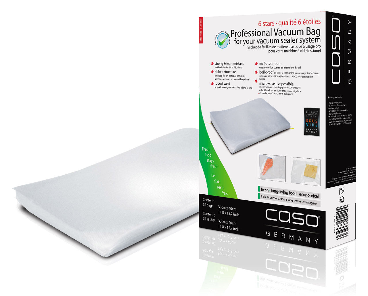 Caso Vacuum Polybags, 30x40 cm, 50 Pieces, BPA-Free, Very Strong & Tear-Proof Approx, Reusable, Suitable for Vacuum Sealers. Caso Design Product