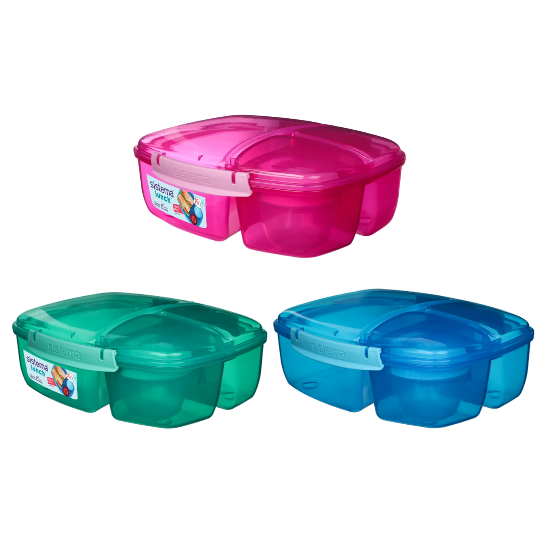 Sistema To Go Triple Split Lunch Box with Yoghurt Pot, 2L BLUE