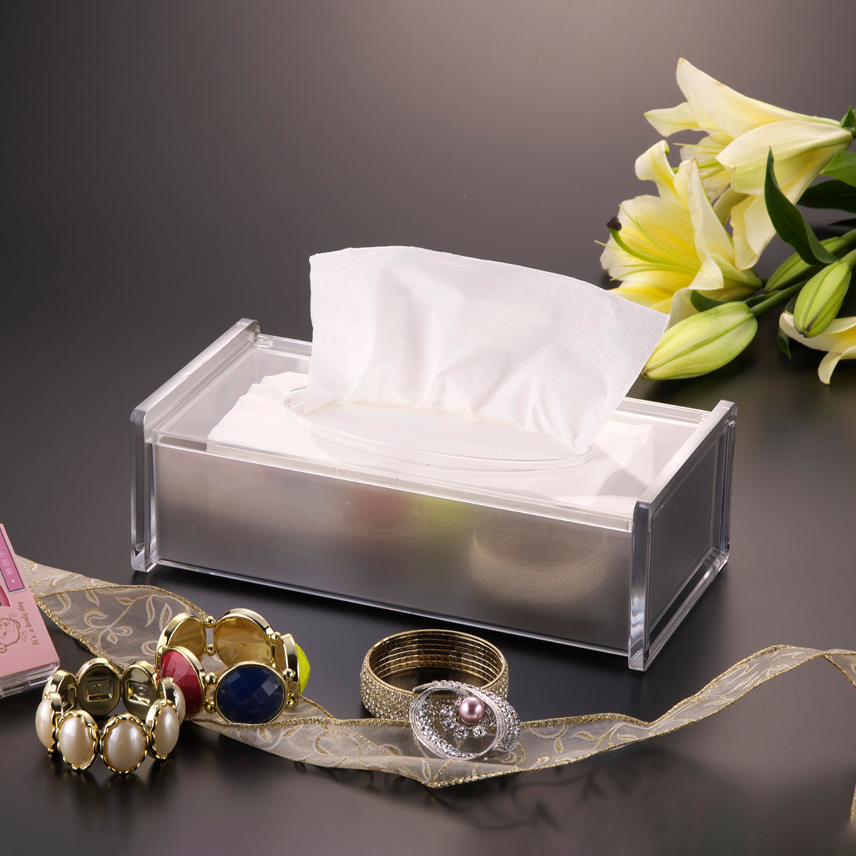 Vague Acrylic Injection Tissue Silver Bottom-27X14X9 Cm