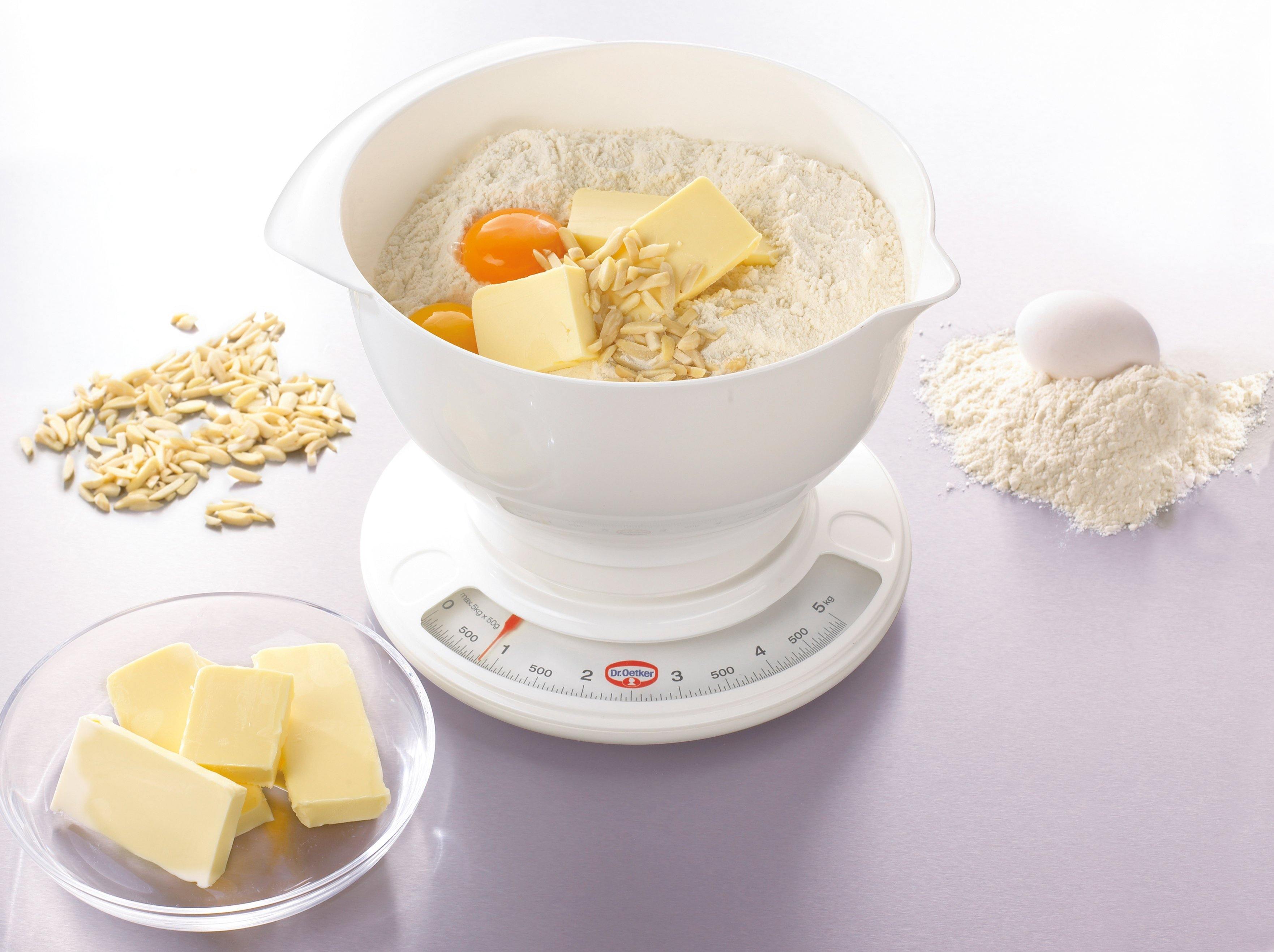 Dr. Oetker Analogue Baking Scales With Mixing Bowl, White, Baking Scale: 21.5X7 Cm, Bowl: 26X11.5 - Whole and All