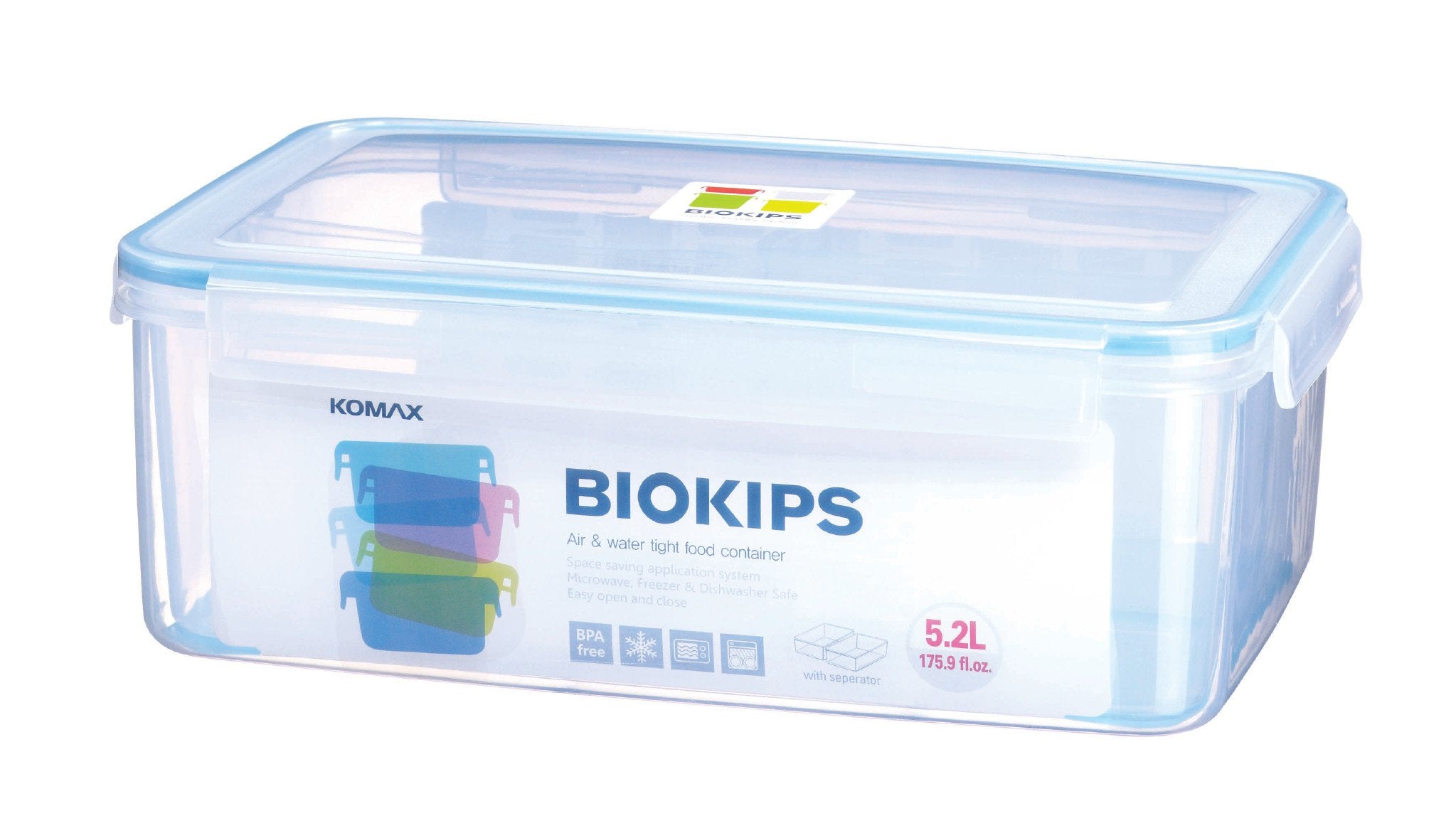 Komax Bioglass Rectangular Air & Water Tight Food Storage Container 1220ml  (41.2 fl.oz.) with decorative blue lid - GetStorganized