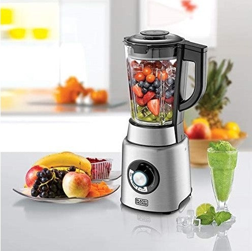 Black+Decker 1200W 1.7L High Power Premium Blender with Glass Jar, Black/Silver