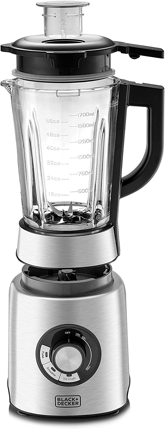 Black+Decker 1200W 1.7L High Power Premium Blender with Glass Jar, Black/Silver