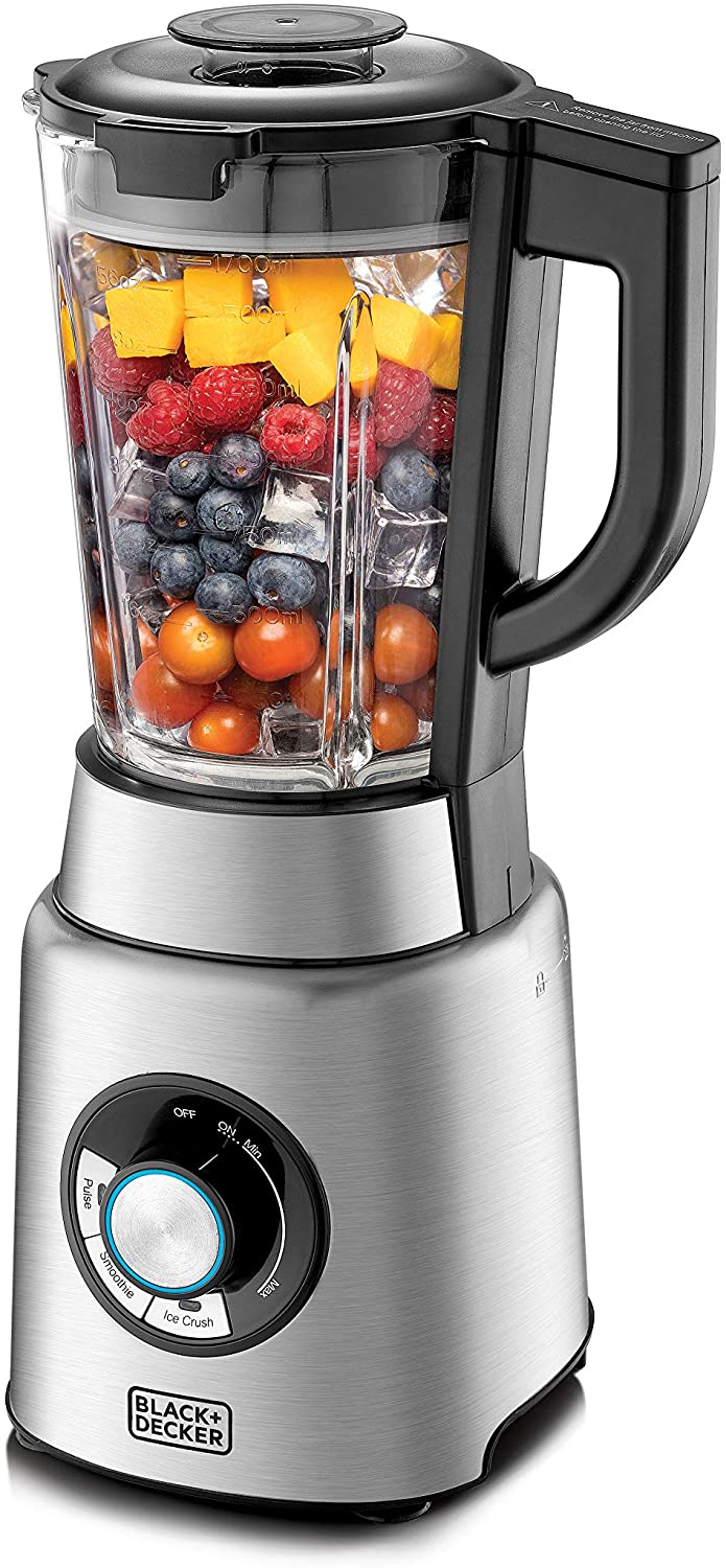 Black+Decker 1200W 1.7L High Power Premium Blender with Glass Jar, Black/Silver