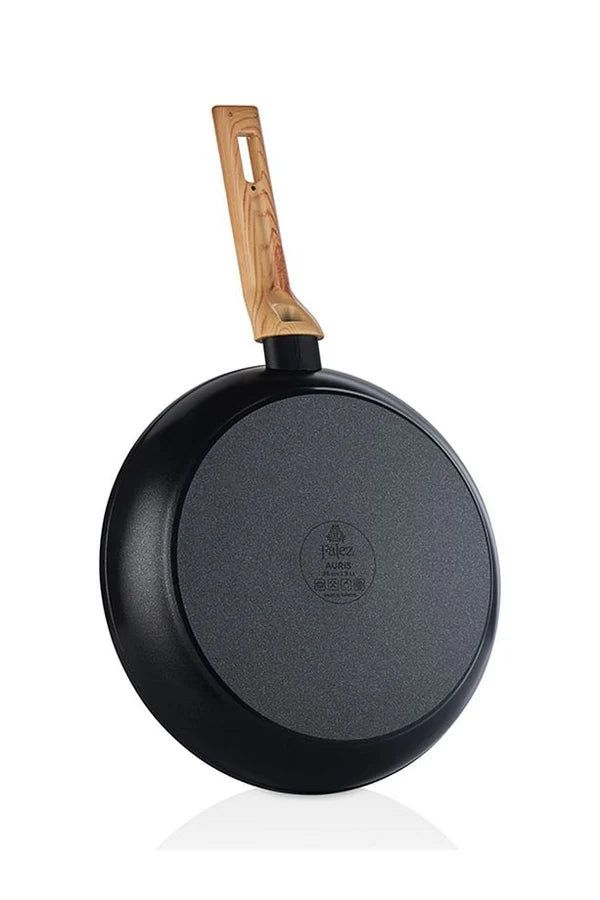 Falez Auris Crystal Frying Pan, 4 Mm 30 Cm (Black Color, Wooden Effect Accesories, Silicone Glass Lid)