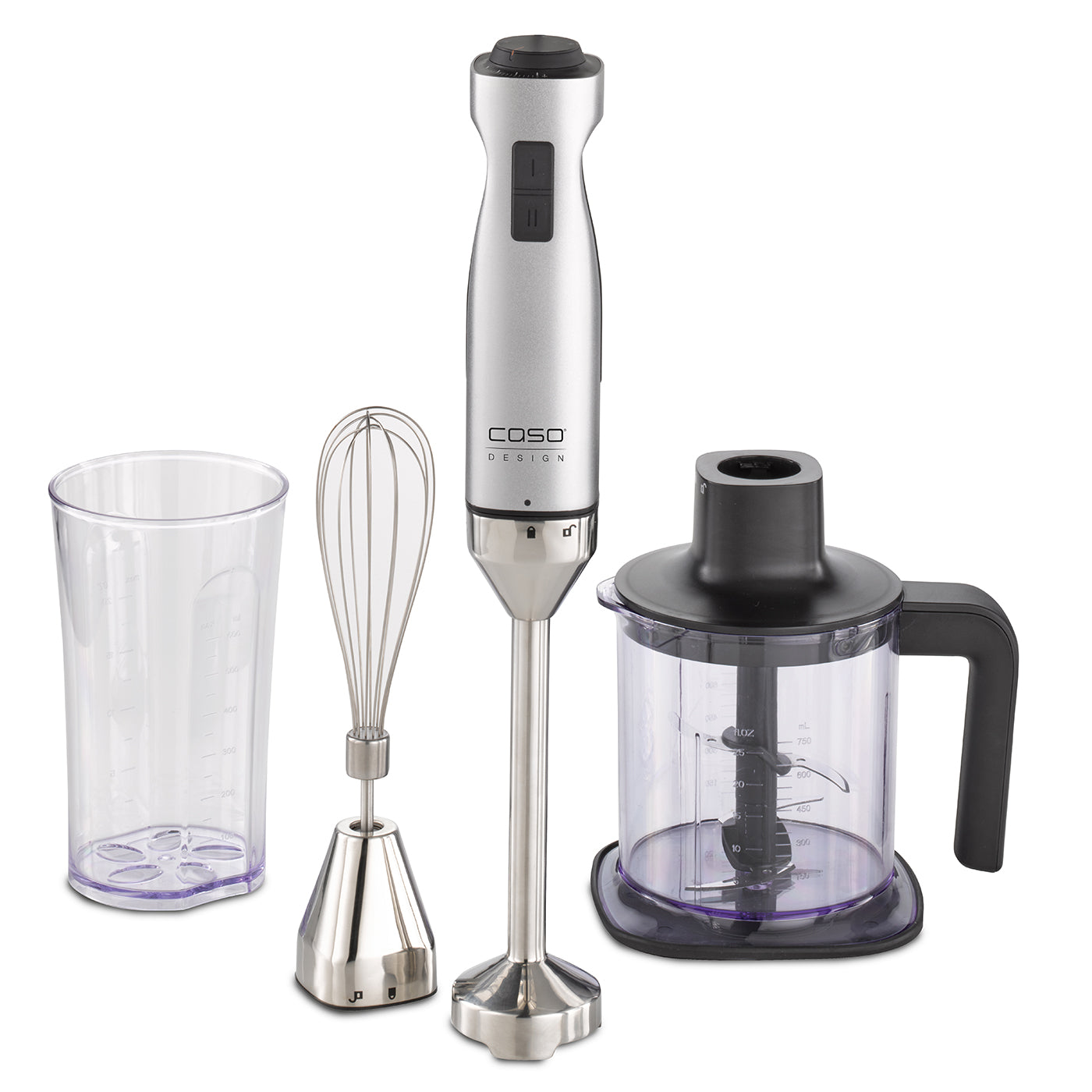 "Caso Hand Blender, 1000W, Whisk, Measuring Cup and Container, Aluminum, Silver, Black