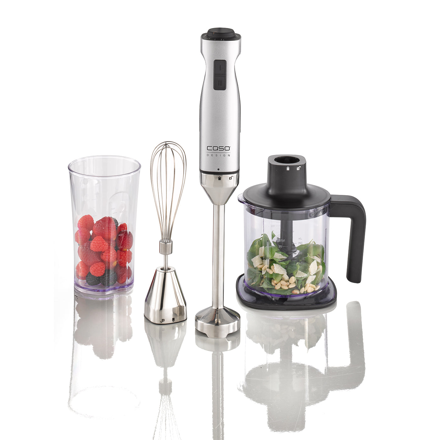 "Caso Hand Blender, 1000W, Whisk, Measuring Cup and Container, Aluminum, Silver, Black