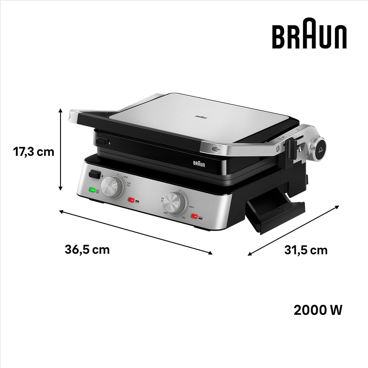 Braun Contact Grill 2000 W 3 Cooking Positions, 230°C Max Temperature, Black And Stainless Steel