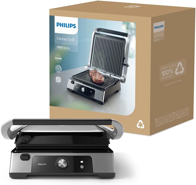 Philips Contact Grill 5000 Series - 2200W, Open 180° Flat Grilling,