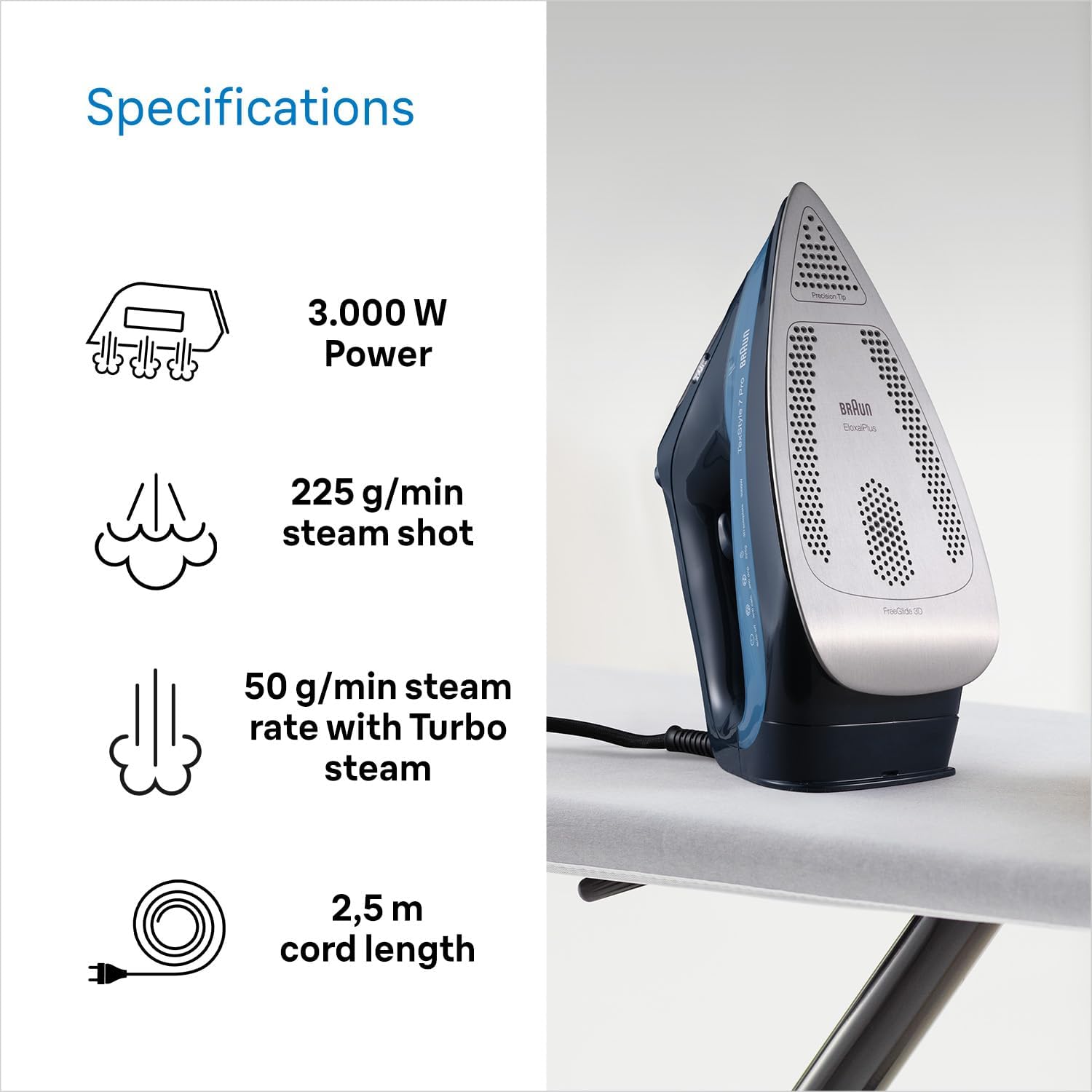 Braun TexStyle 7 Pro SI7160BL | FreeGlide 3D Steam Iron | 3000W | Blue