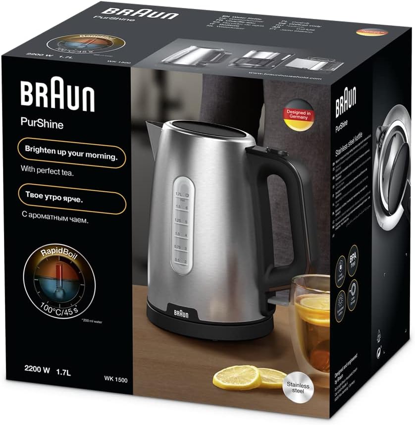 Braun PurShine Water kettle, 2200 Watts, 1.7L Capacity, Black, Stainless Steel
