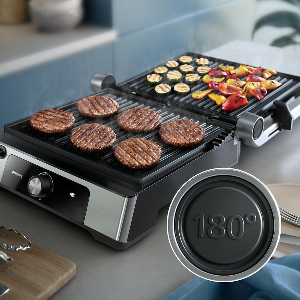 Philips Contact Grill 5000 Series - 2200W, Open 180° Flat Grilling,