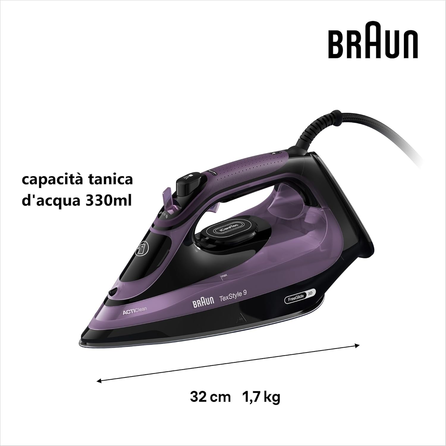 Braun Iron, EloxalPlus with FreeGlide 3D Technology, 3100 W, 330 ml Water Capacity,Purple Braun Iron, EloxalPlus with FreeGlide 3D Technology, 3100 W, 330 ml Water Capacity,Purple