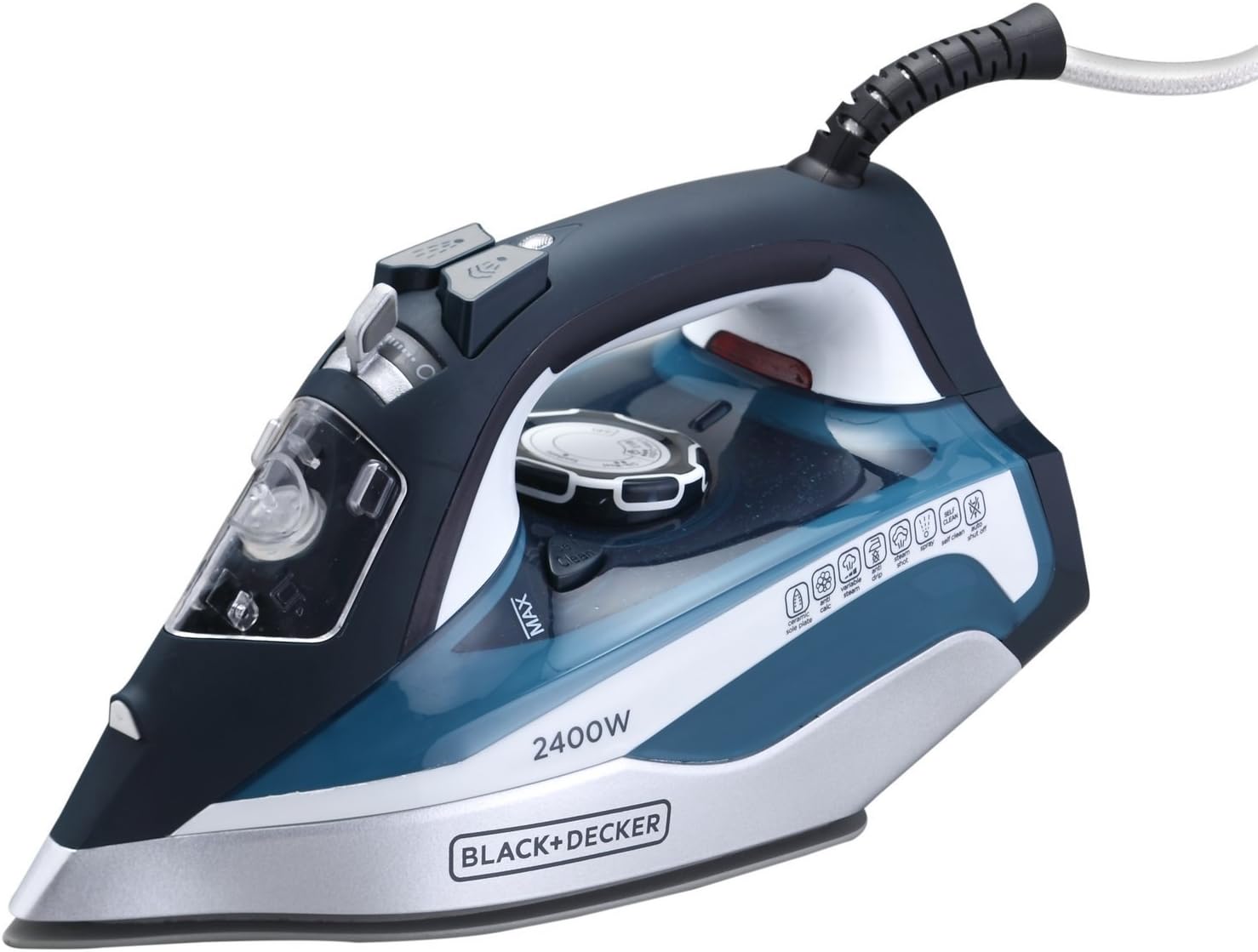 Black+Decker 2400W Steam Iron With Ceramic Soleplate Auto Shut-Off, Blue