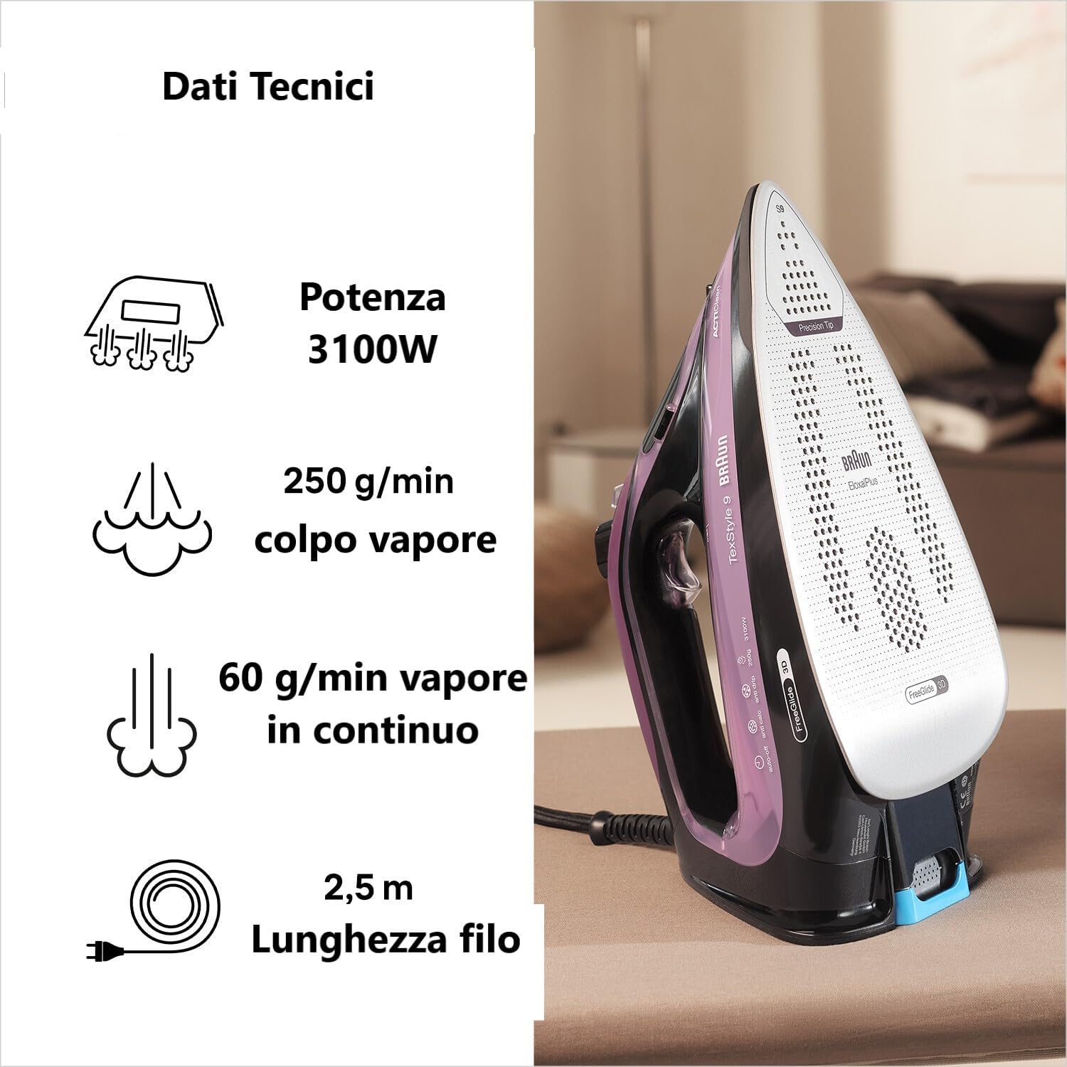 Braun Iron, EloxalPlus with FreeGlide 3D Technology, 3100 W, 330 ml Water Capacity,Purple