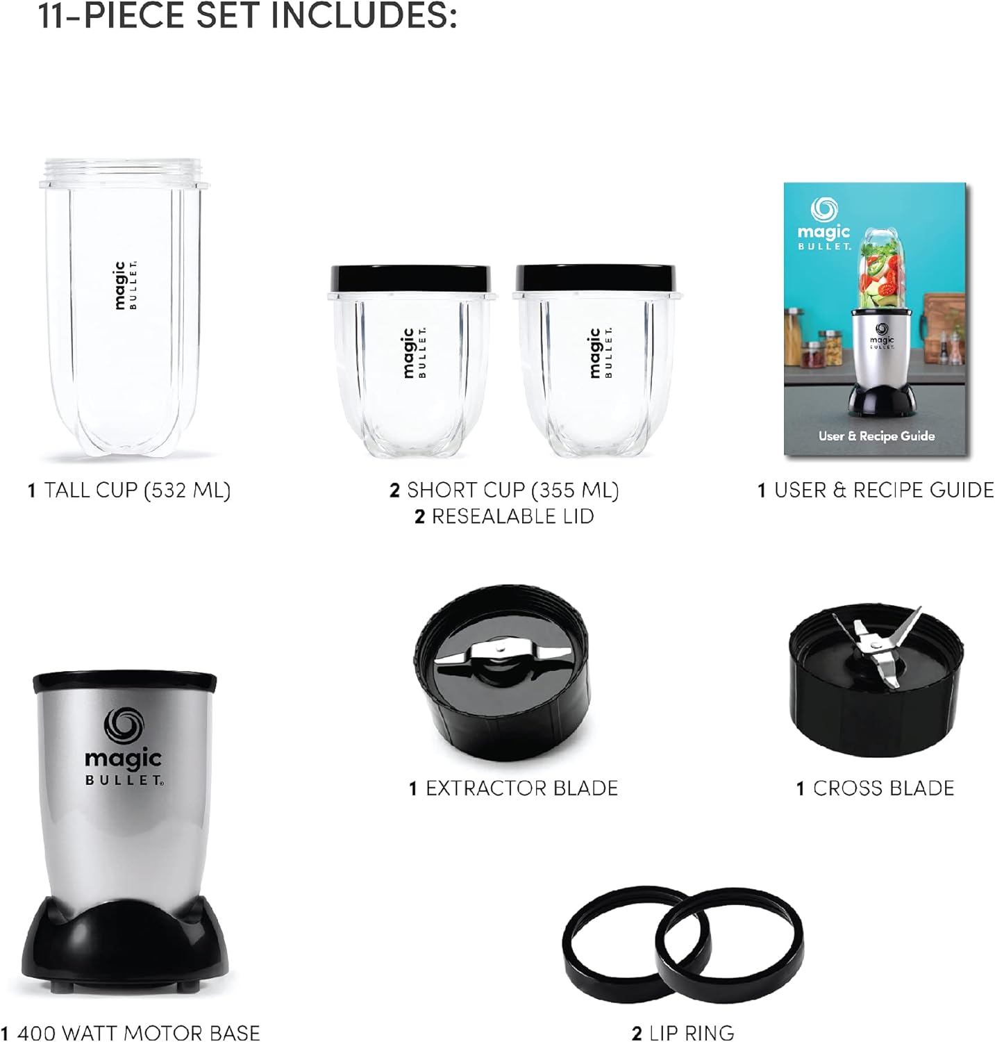 Nutribullet Magic Bullet 400W 9-Piece Set High-Speed Blender & Food Processor System- Silver