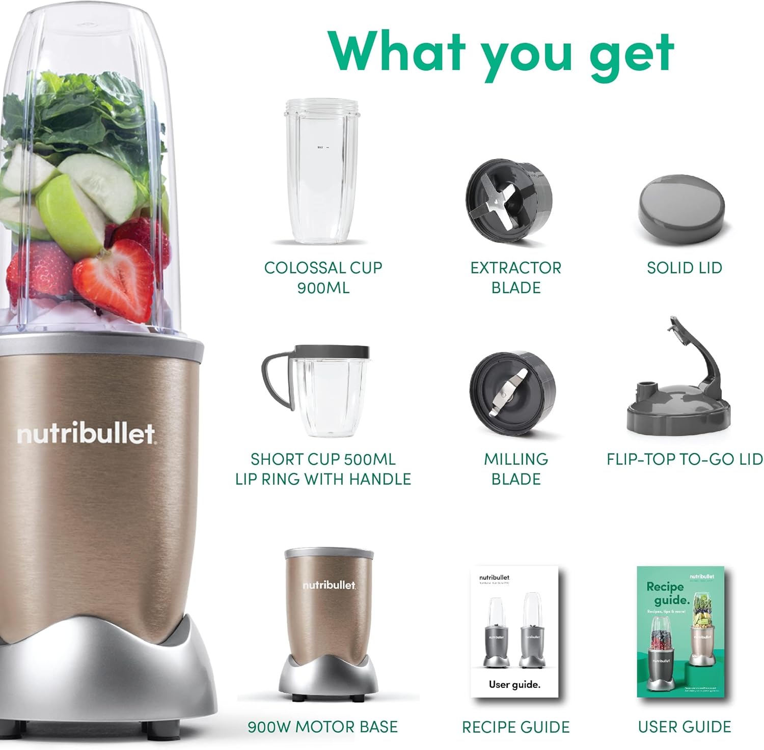NutriBullet NB9-1012 Blender, 7pcs Set, 900W Set Champagne