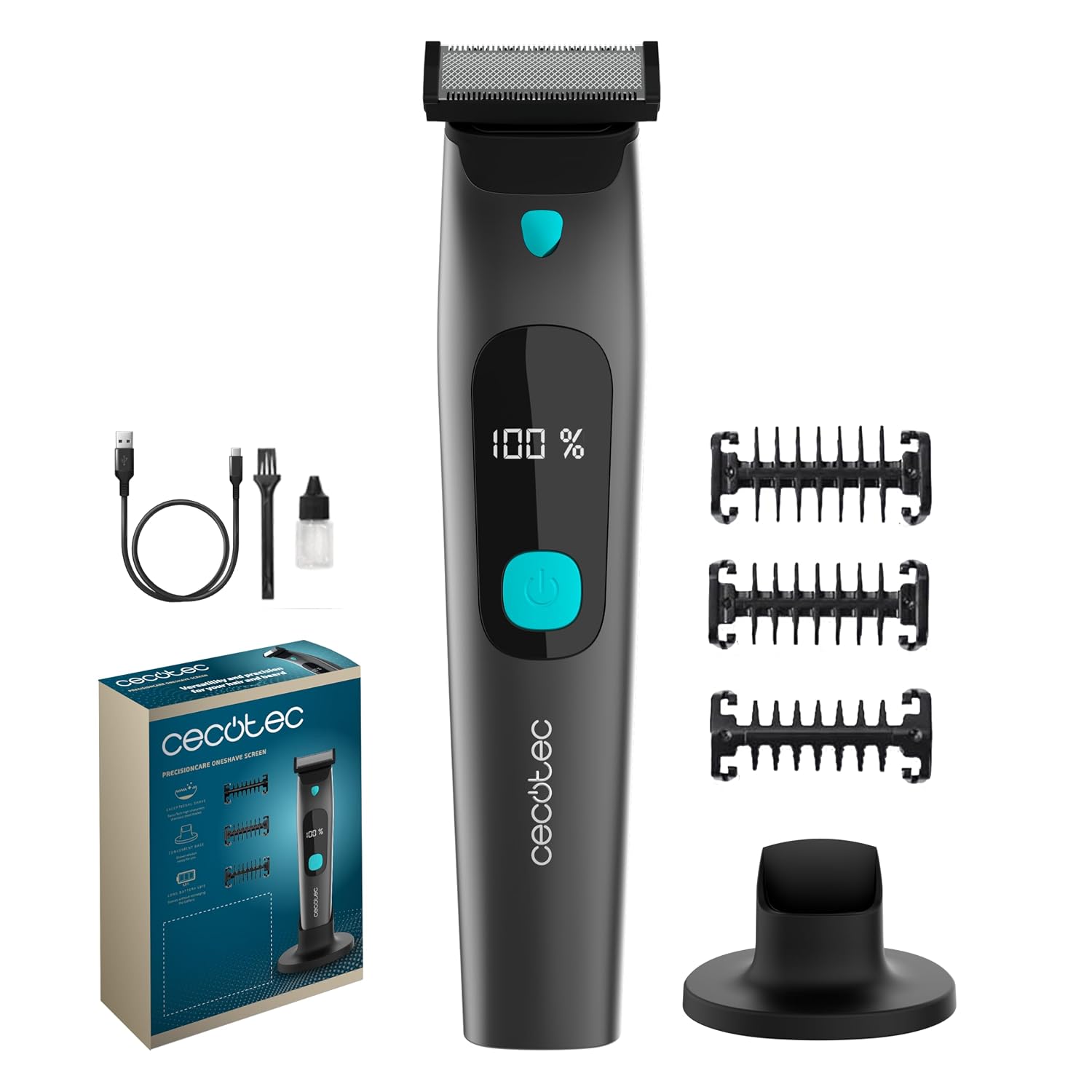 Cecotec PrecisionCare OneShave Screen Face Razor, Stainless Steel Blades, 3 Guide Combs