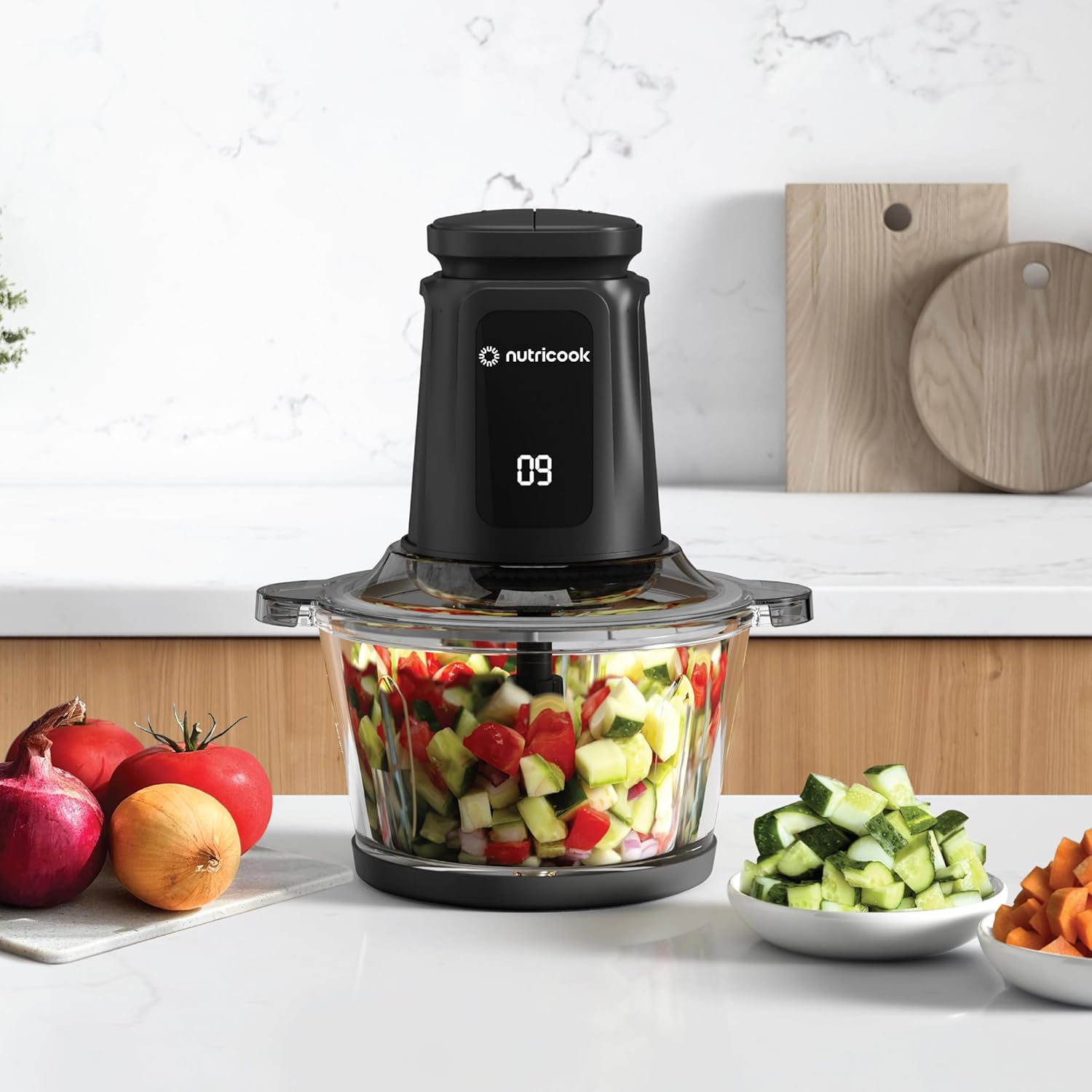 Nutricook Glass Chopper & Mincer -500W, Dual 3L Bowls, 4 Detachable SS Blades