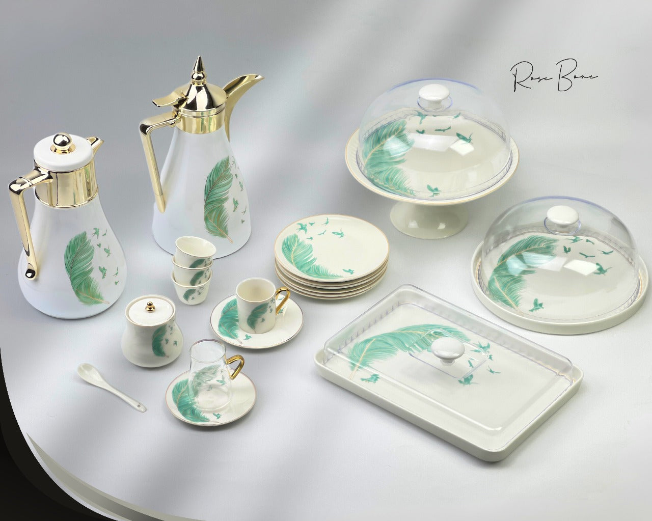 Rose Bone Cake  With Plates Set/6 Green