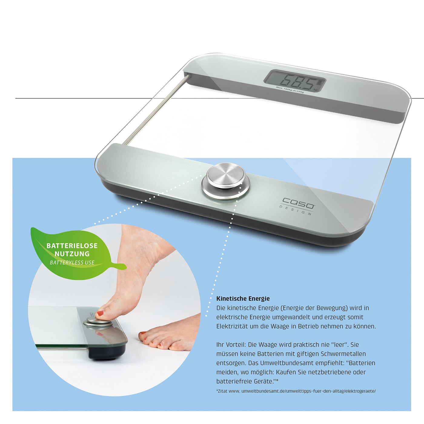 Caso Body Energy Ecostyle Personal Scale, Up to 180 kg in 100 g increments Battery Free, High Quality Glass Surface.  Caso Design Product